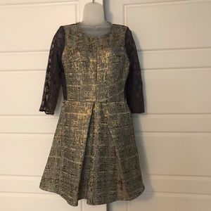 Metallic-print cocktail dress w/purple lace sleeve